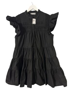 Black Tiered Midi Dress with Ruffle Sleeves